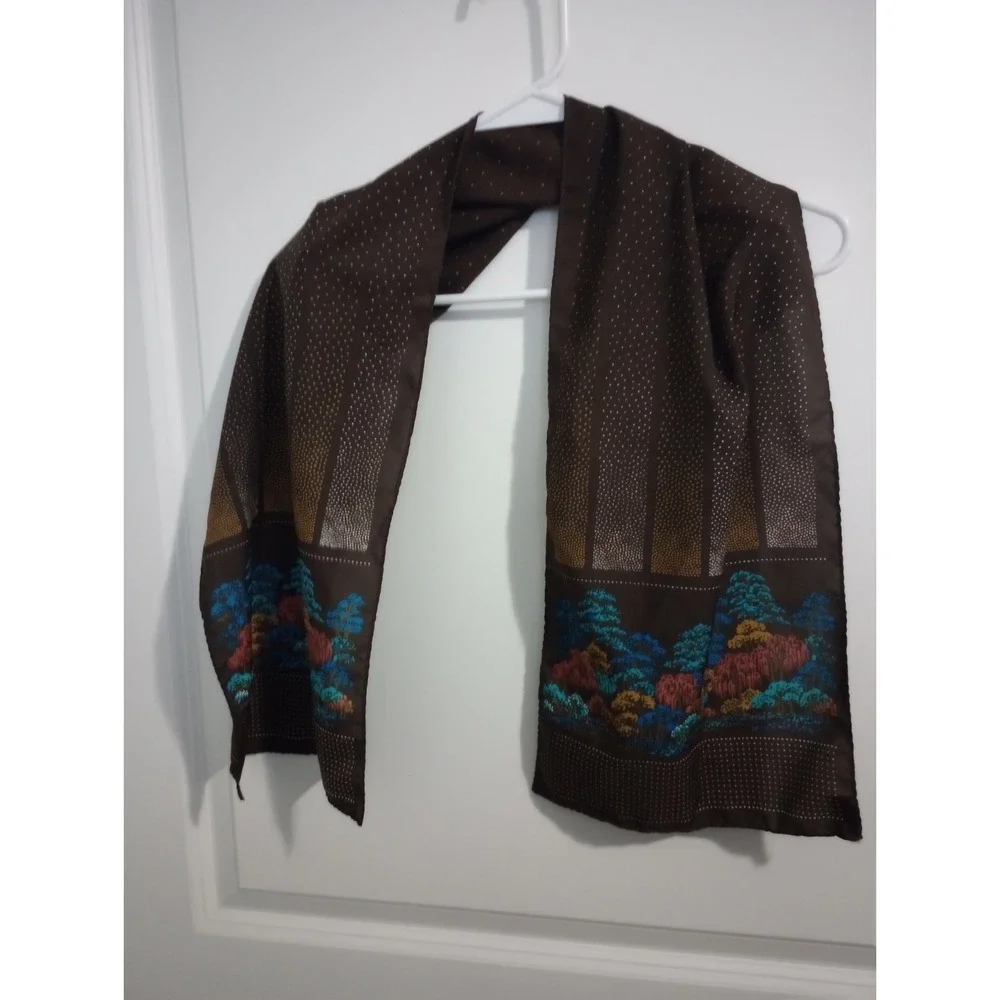 Vintage Scarves by Nasharr Japan Scenic Trees Long Neck Scarf Brown Mod Boho...